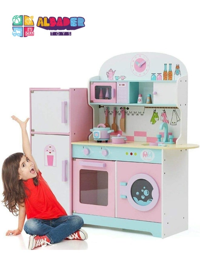AL BADER Wooden Kitchen Toy With Oven And Cook Food Toys Set And Ice Maker, Large wooden kitchen with Storage places, Interactive Brand Play Kitchen for Girls & Boy 3-10 Years (Colorful, 89*29*101) - Image 2
